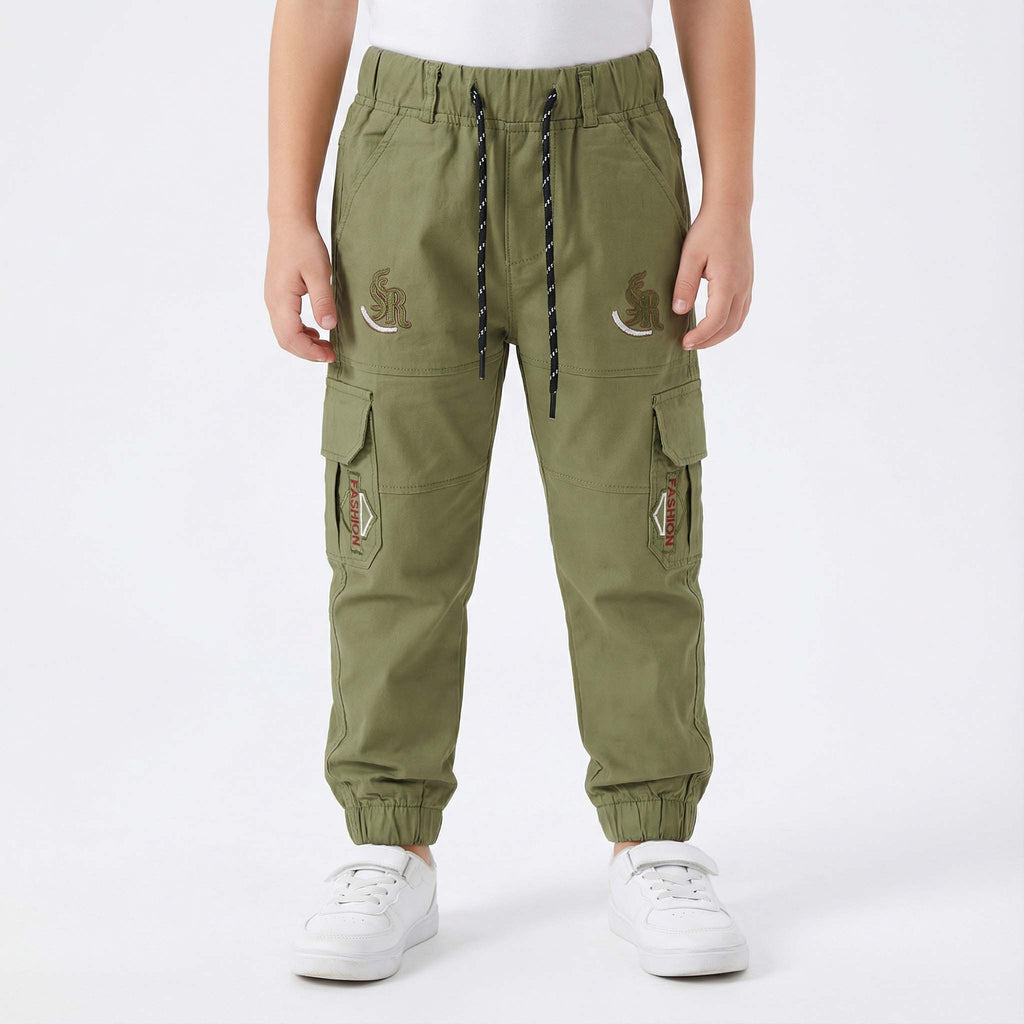 Boys Green Cargo Jogger Pants : Stylish Cotton Trousers for Kids