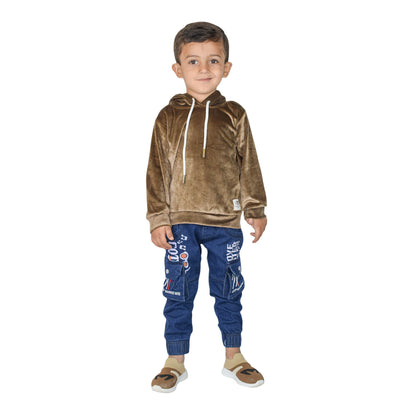 Boys Velvet Hoodie – Brown & Black Winter Comfort