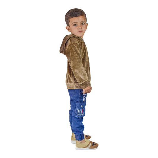 Boys Velvet Hoodie – Brown & Black Winter Comfort