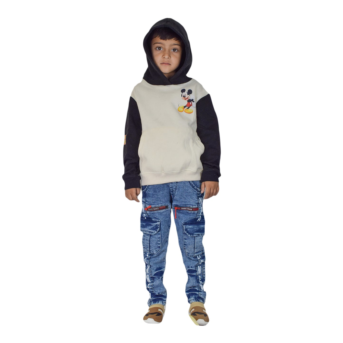 Boys Mickey Mouse Hoodie – Cream & Black Warm Cotton Sweatshirt