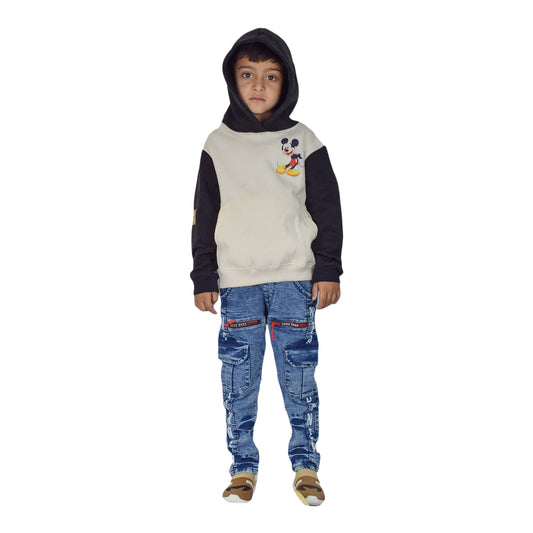 Boys Mickey Mouse Hoodie – Cream & Black Warm Cotton Sweatshirt