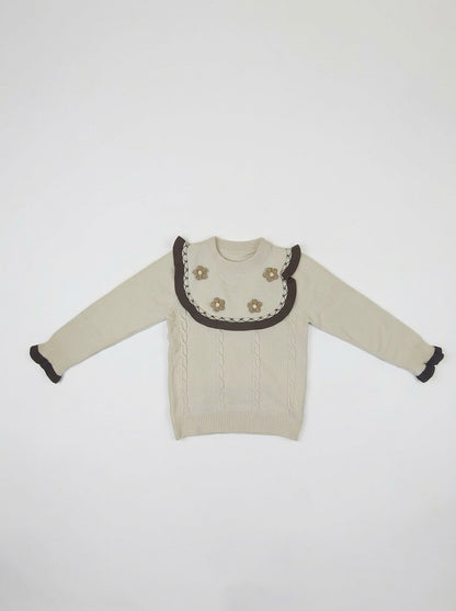 Cream Knit Sweater for Girls | Floral Detail Winter Top