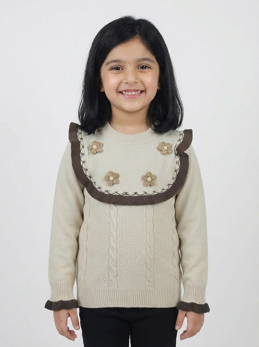 Cream Knit Sweater for Girls | Floral Detail Winter Top