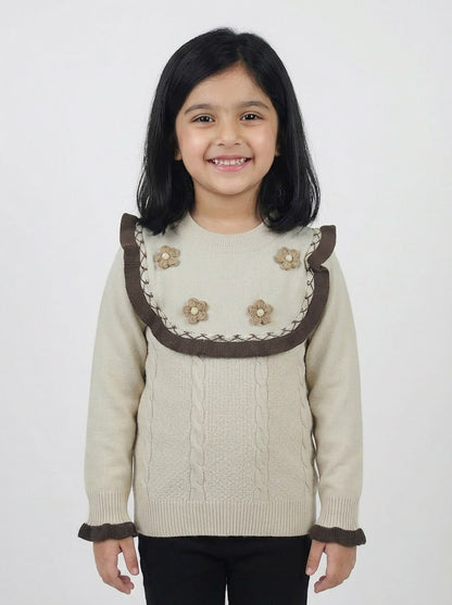 Cream Knit Sweater for Girls | Floral Detail Winter Top