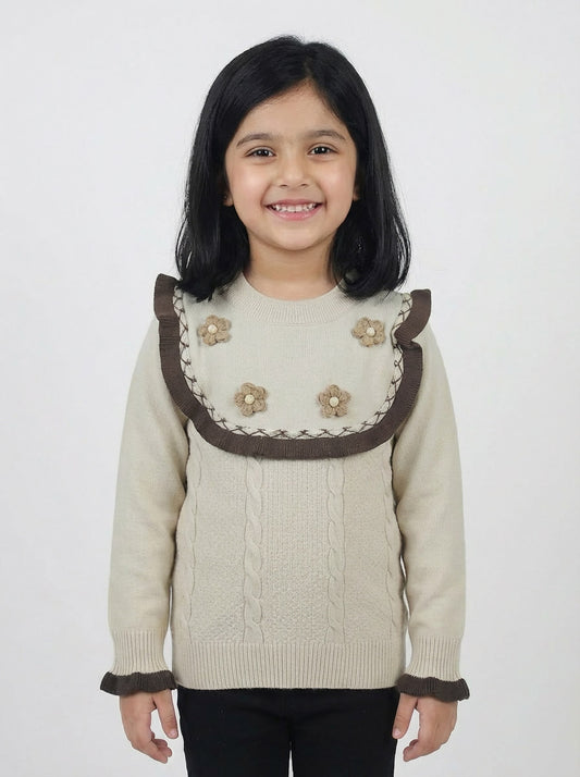 Cream Knit Sweater for Girls | Floral Detail Winter Top