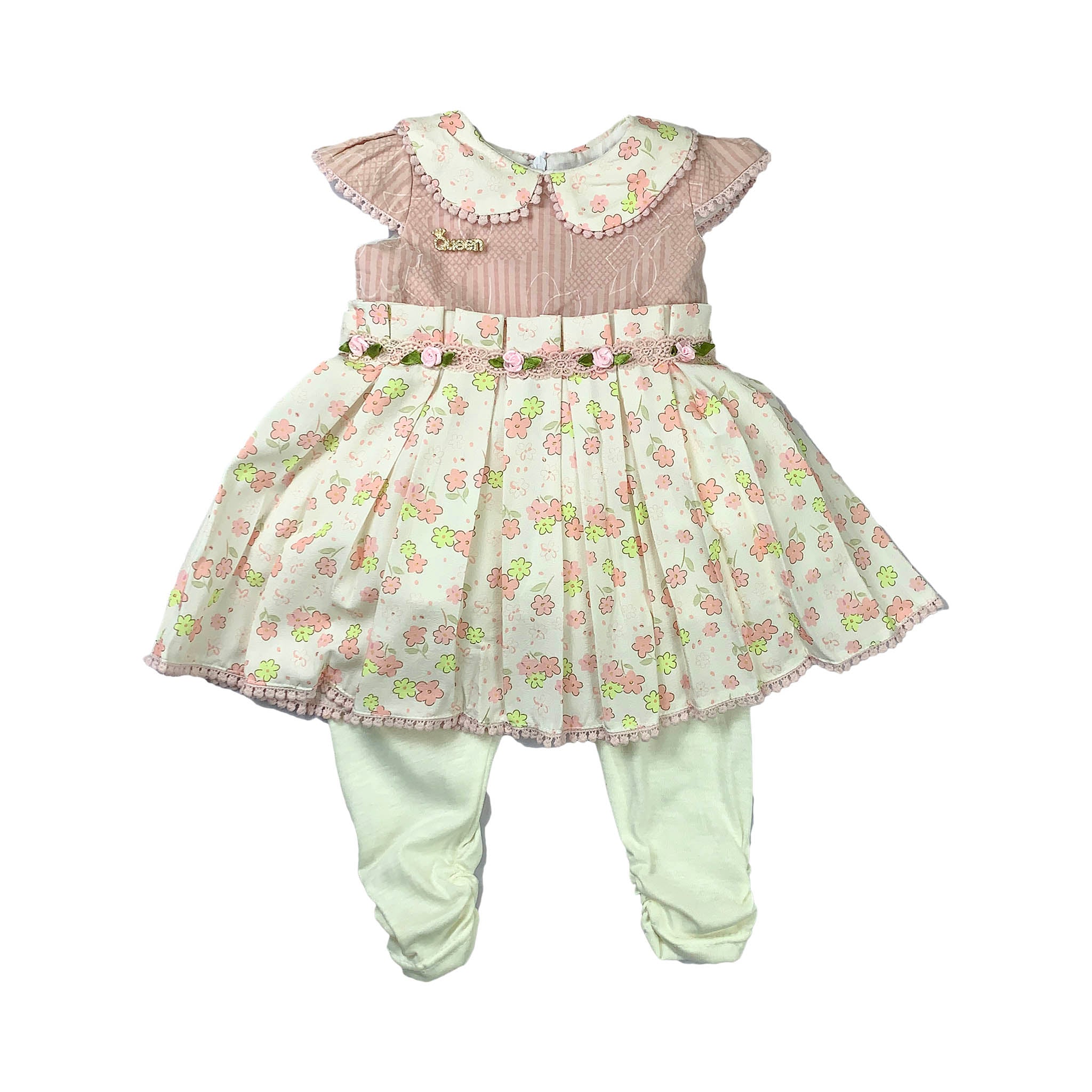Cream & Light Pink Floral Frock for Girls with White Pajama