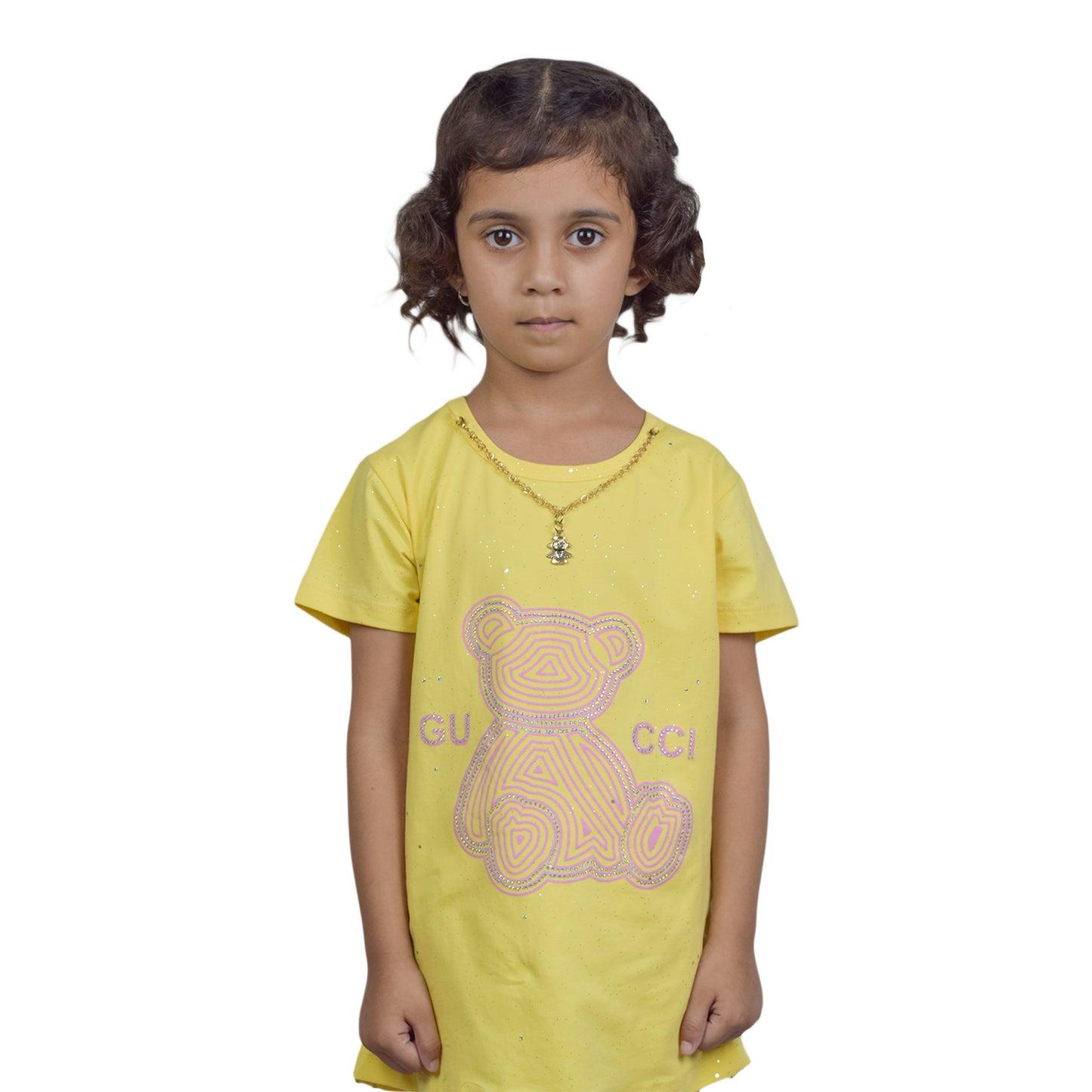 Cute Yellow Teddy Bear Girls T-Shirt with Chain – Summer Fashion Tee