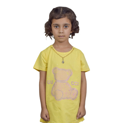 Cute Yellow Teddy Bear Girls T-Shirt with Chain – Summer Fashion Tee