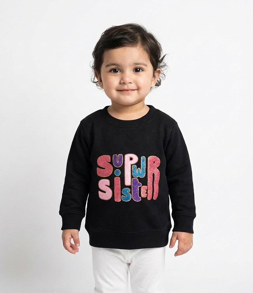 Black Baby Girls Sweatshirt with “Super Sister” Patch