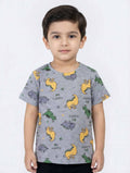 Kids All-Over Dinosaur Print T‑Shirt | “Dr. Happy” Graphic Short Sleeve Crew Neck Tee