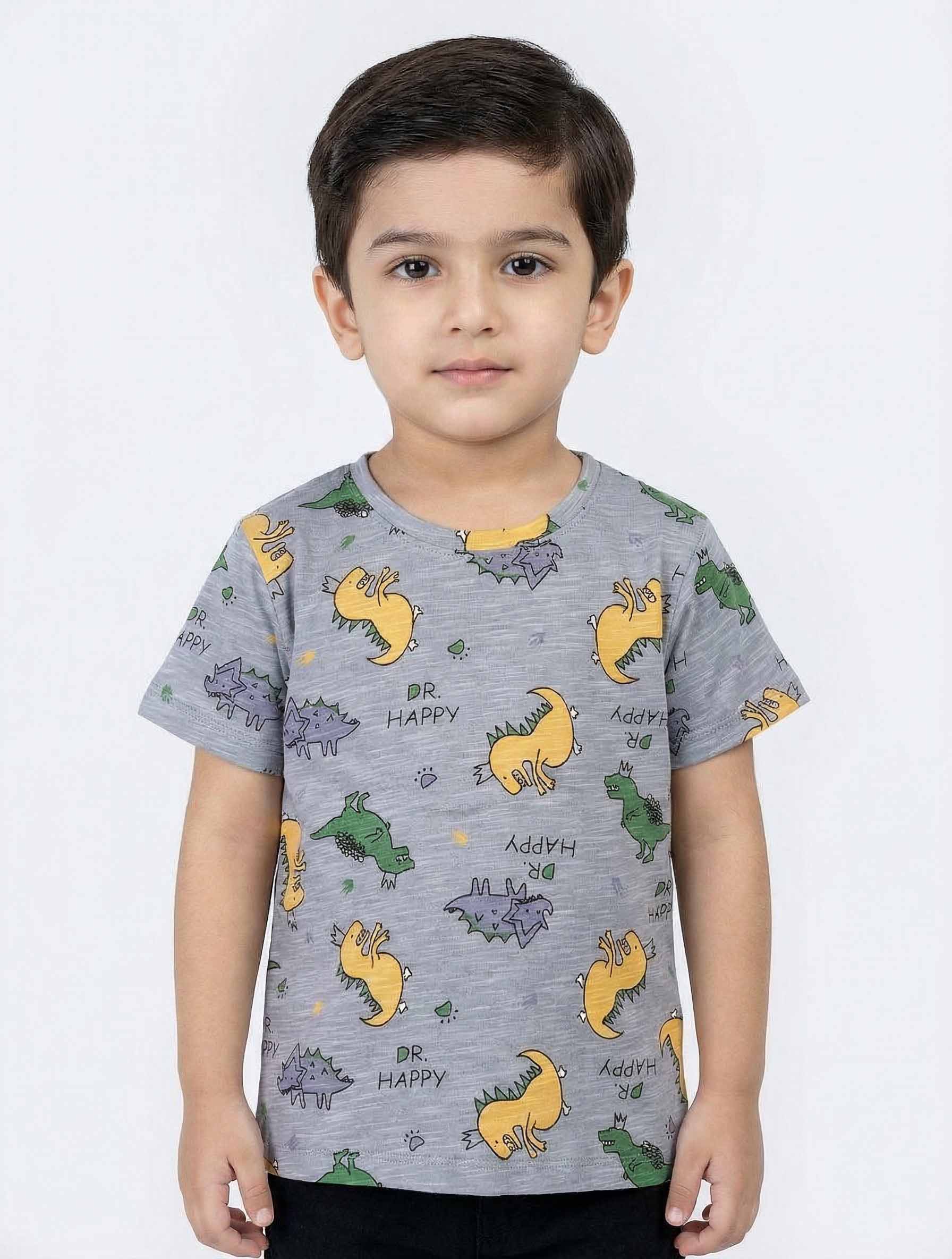 Kids All-Over Dinosaur Print T‑Shirt | “Dr. Happy” Graphic Short Sleeve Crew Neck Tee