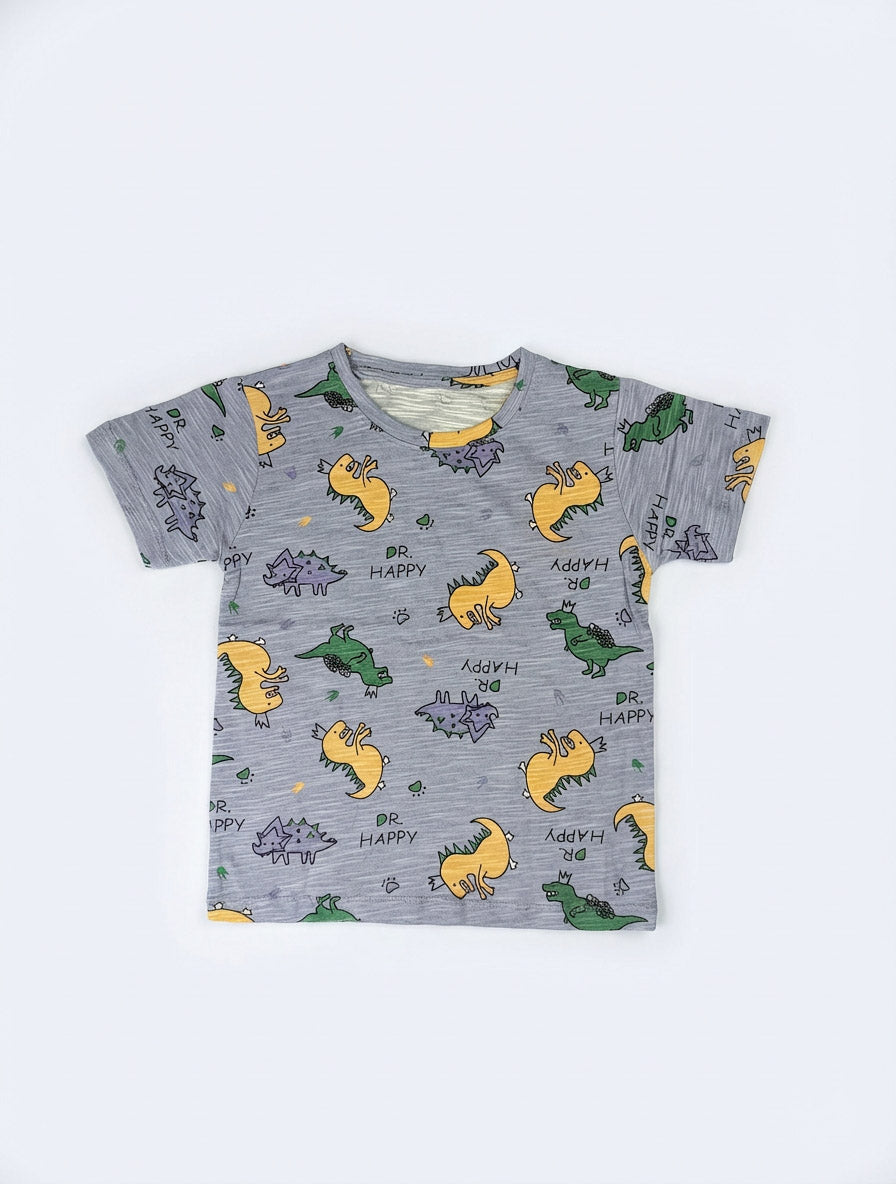 Kids All-Over Dinosaur Print T‑Shirt | “Dr. Happy” Graphic Short Sleeve Crew Neck Tee