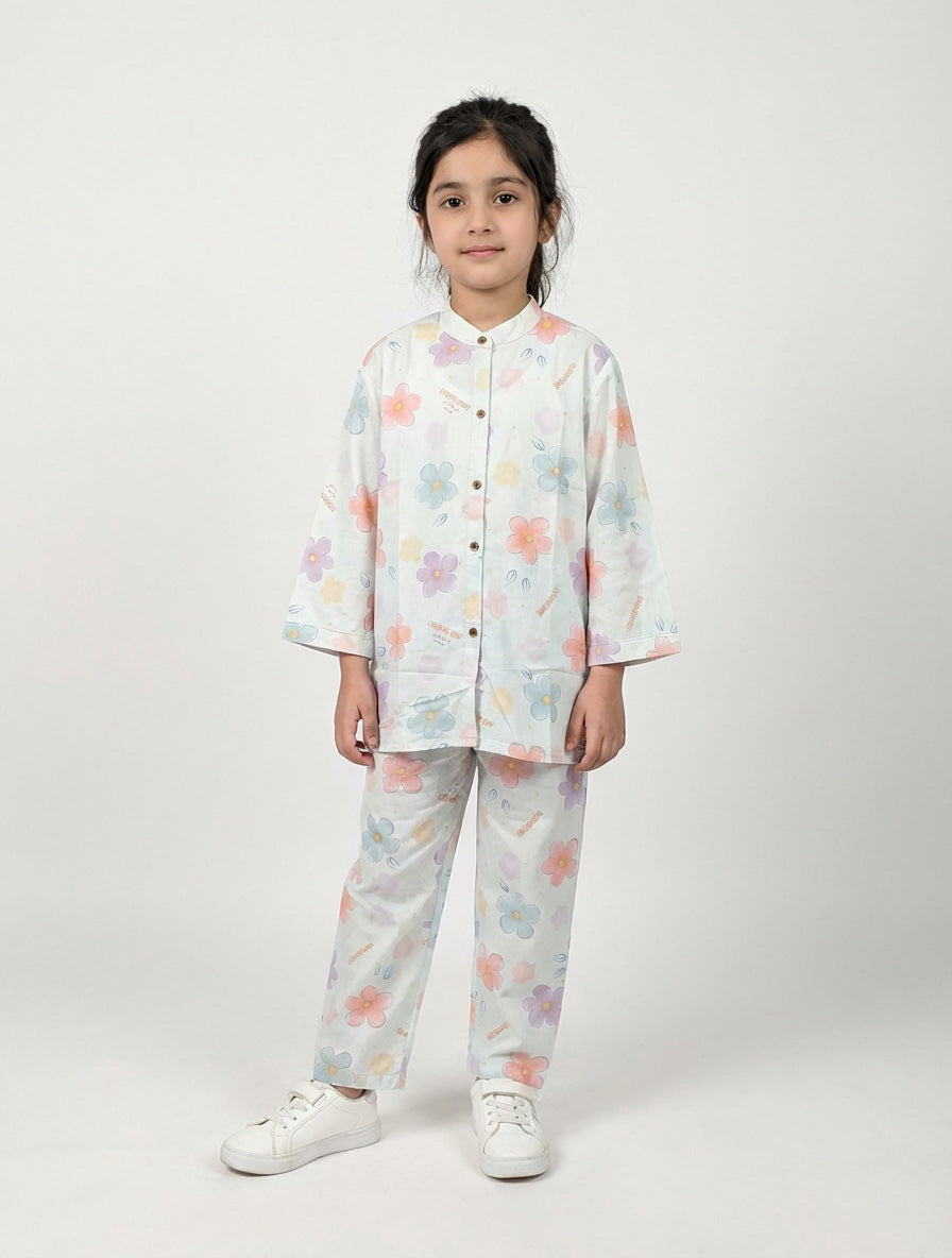 Kids 2‑Piece Printed Pajama Set | Button‑Up Long Sleeve Shirt & Elastic Waist Pants