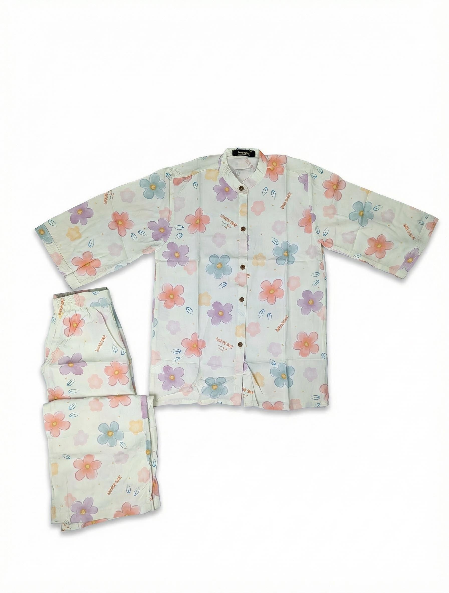 Kids 2‑Piece Printed Pajama Set | Button‑Up Long Sleeve Shirt & Elastic Waist Pants