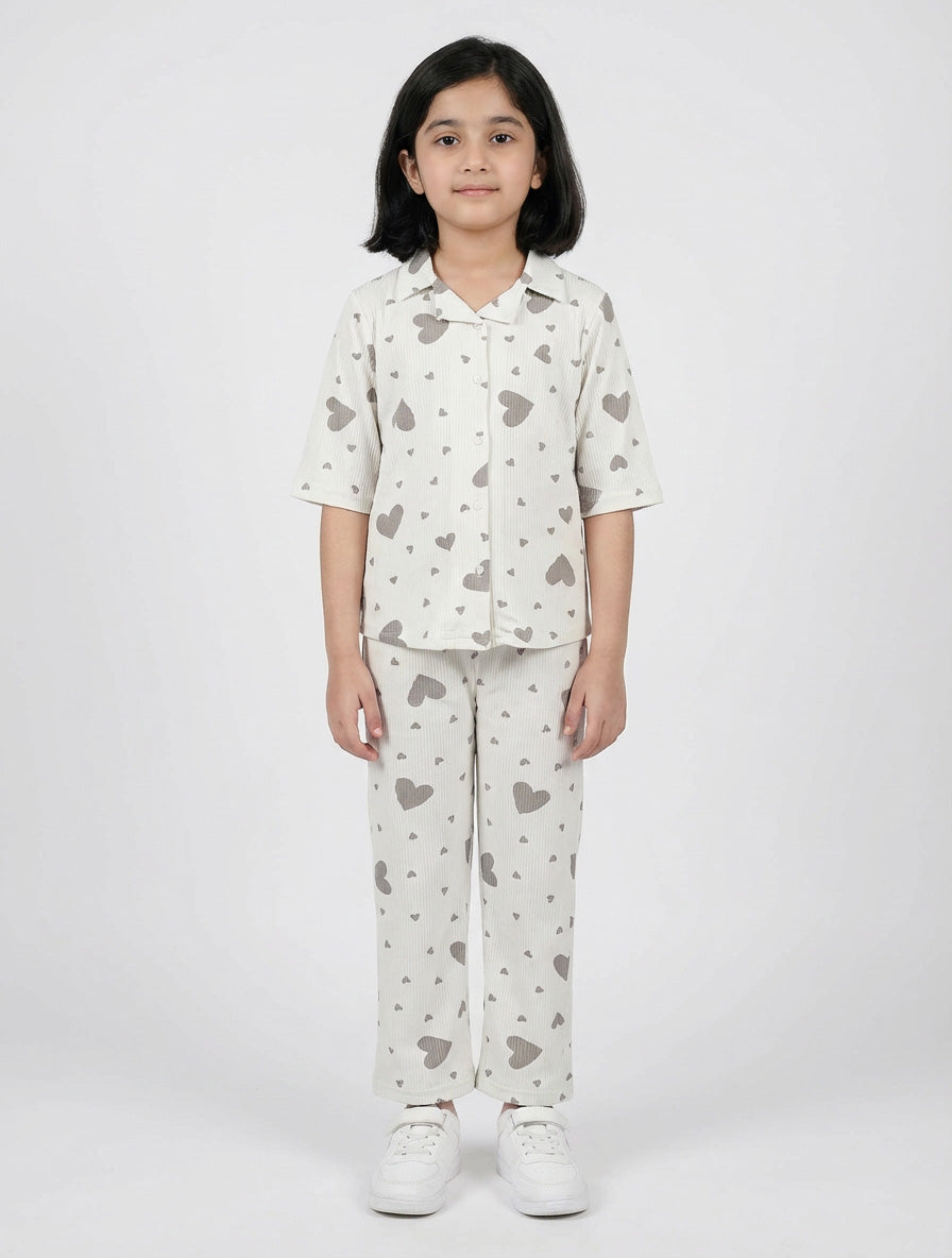 Kids Heart Print Button-Down Pajama Set (2-Piece Shirt & Pants)