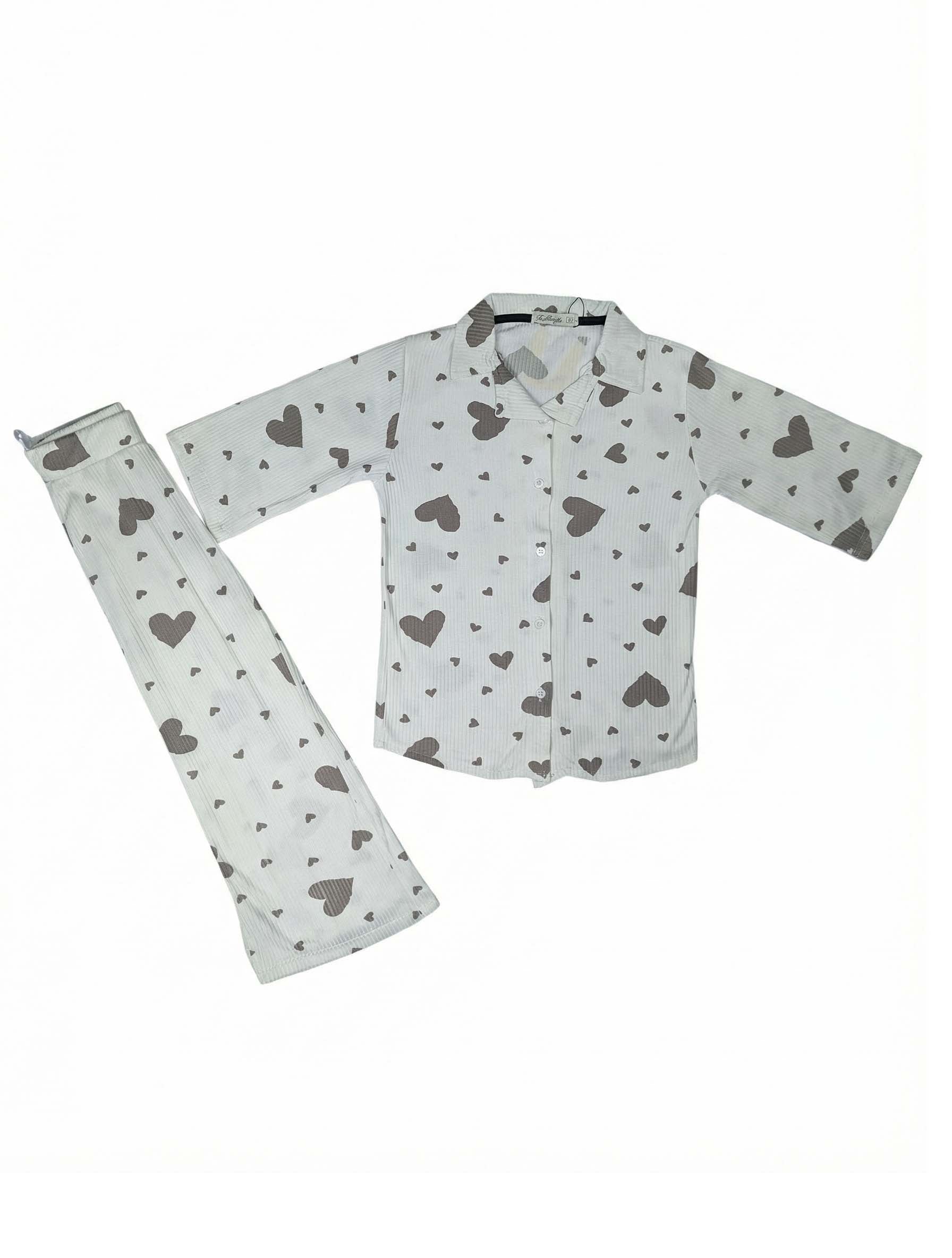 Kids Heart Print Button-Down Pajama Set (2-Piece Shirt & Pants)
