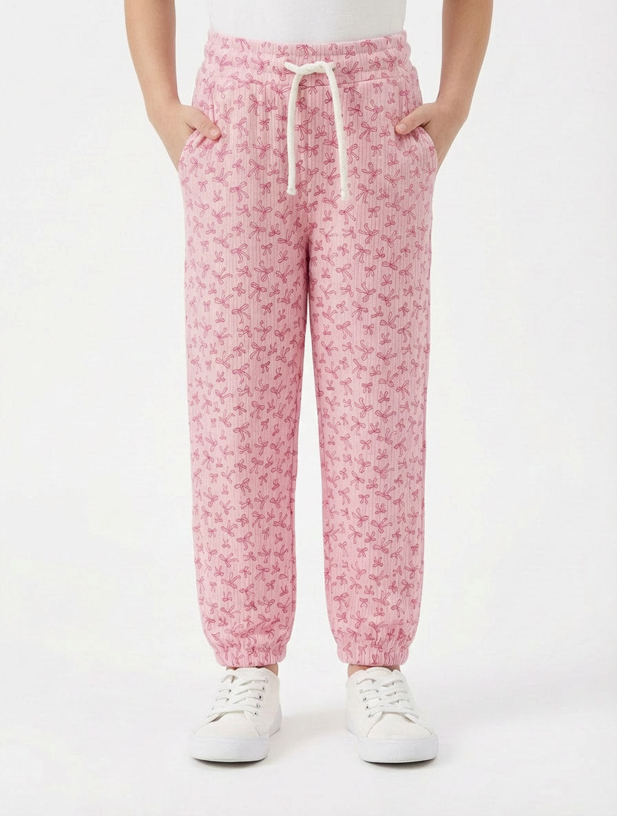 Kids Printed Ribbed Jogger Pants | Elastic Waist Drawstring Trousers