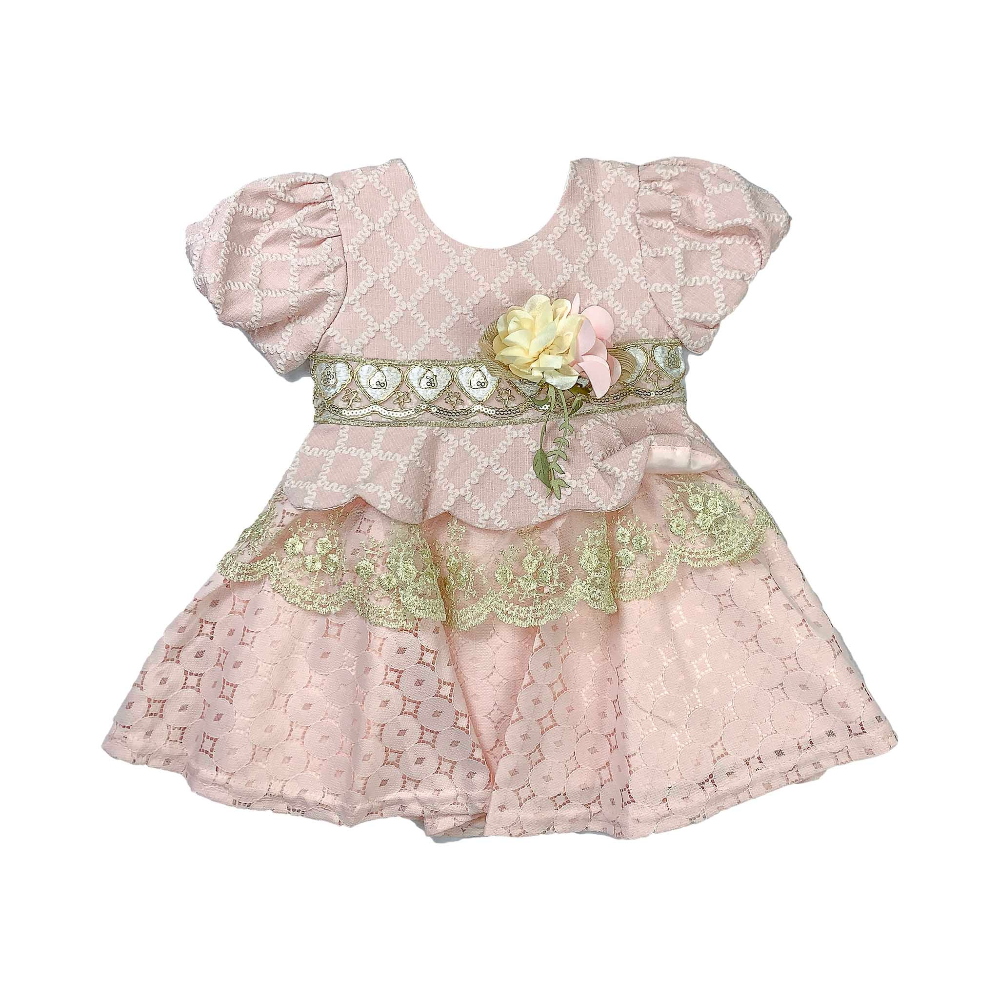 Elegant Baby Girl Pink and white  Lace Frock with Floral Waist Design