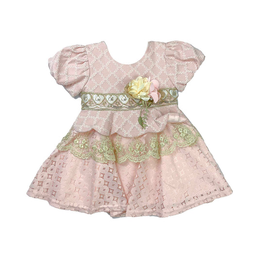 Elegant Baby Girl Pink and white  Lace Frock with Floral Waist Design