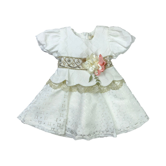 Elegant Baby Girl Pink and white  Lace Frock with Floral Waist Design