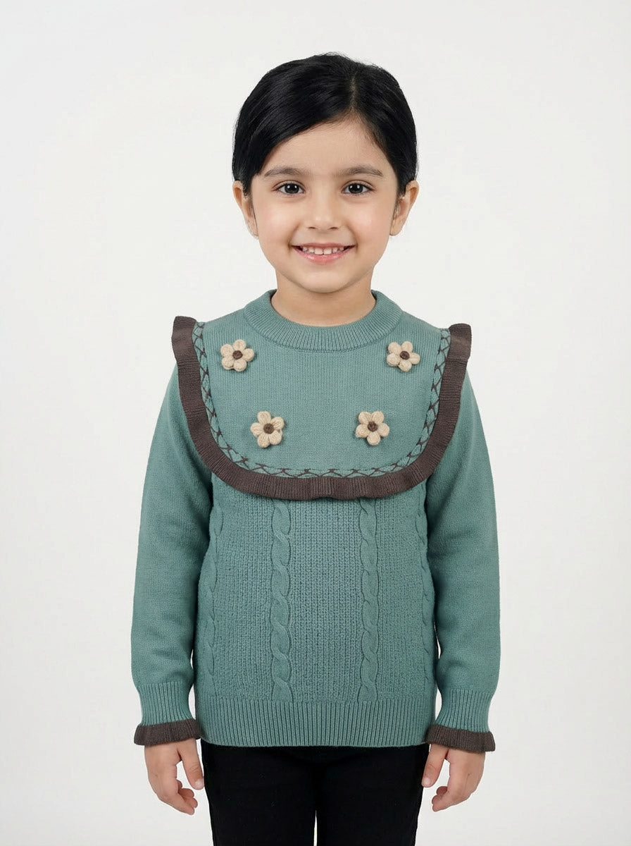 Ferozi Knit Sweater for Girls | Floral Detail Winter Top