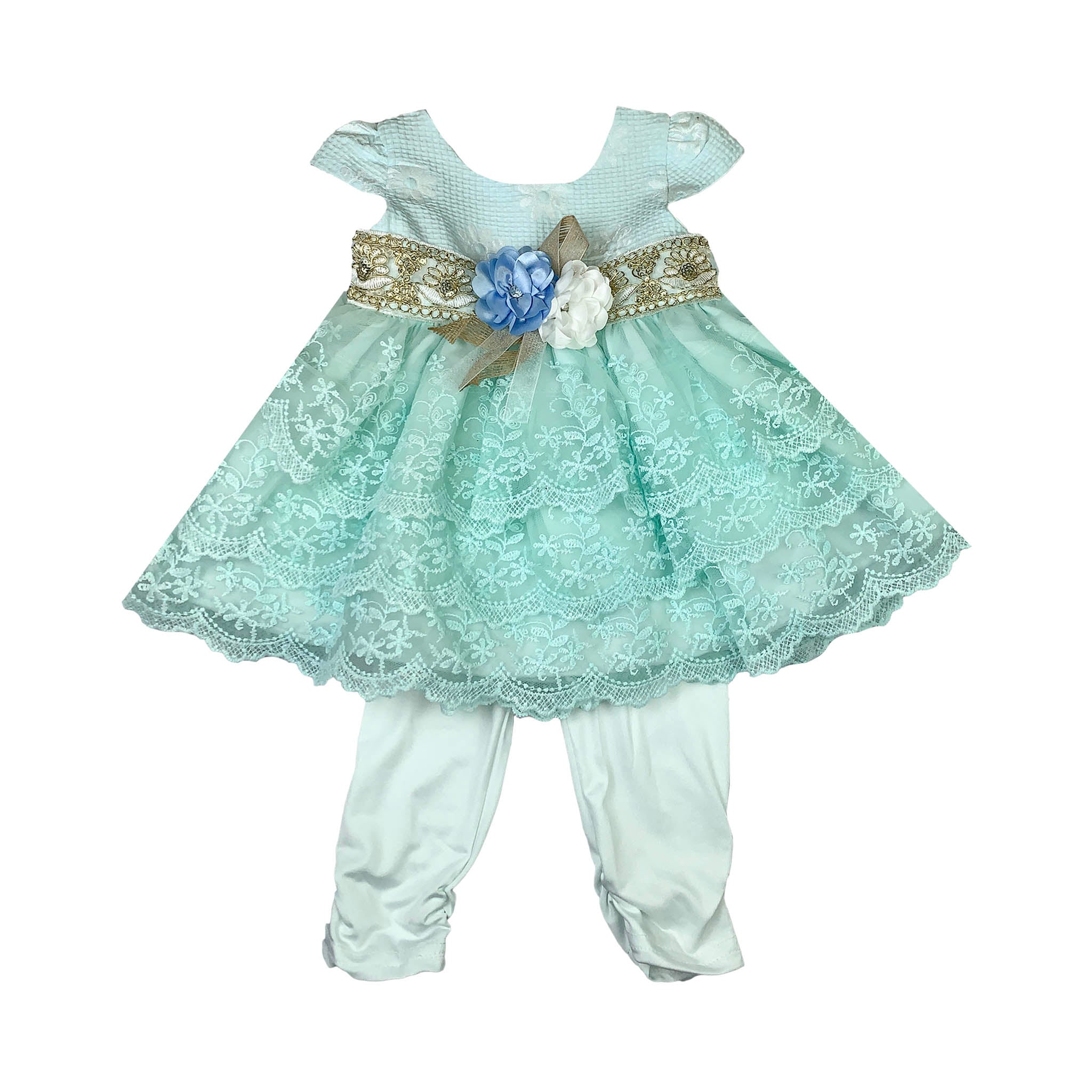Ferozi Net Frock with Golden Belt & White Pajama for Baby Girls