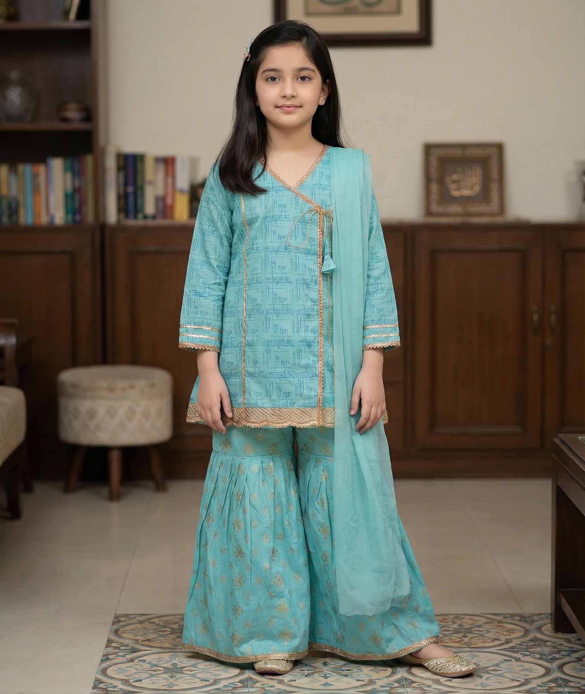 Girls Ferozi Cotton Ethnic Suit with Dupatta – Festive Wear | Kidzaar