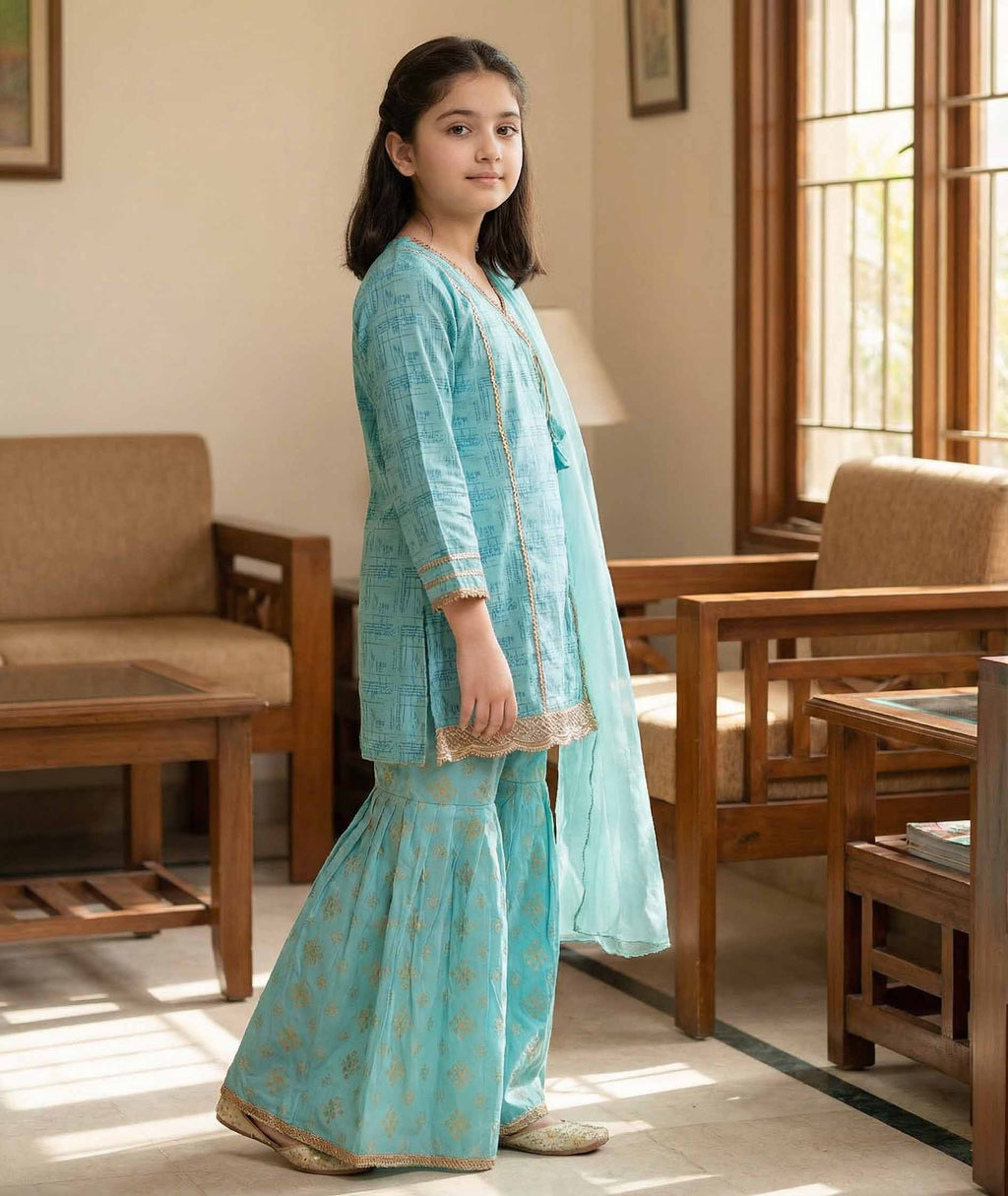 Girls Ferozi Cotton Ethnic Suit with Dupatta – Festive Wear | Kidzaar