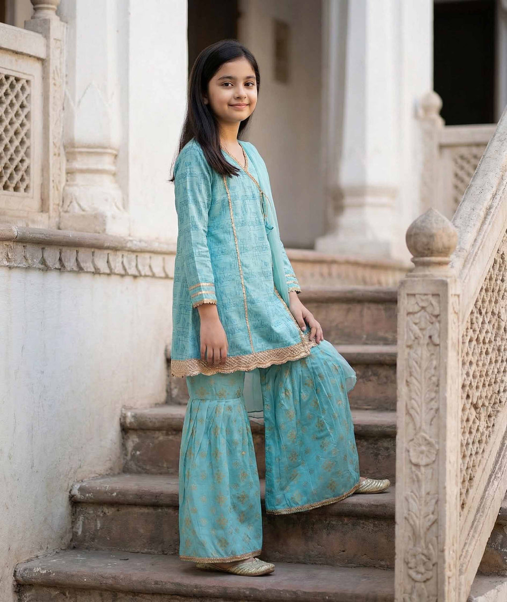 Girls Ferozi Cotton Ethnic Suit with Dupatta – Festive Wear | Kidzaar