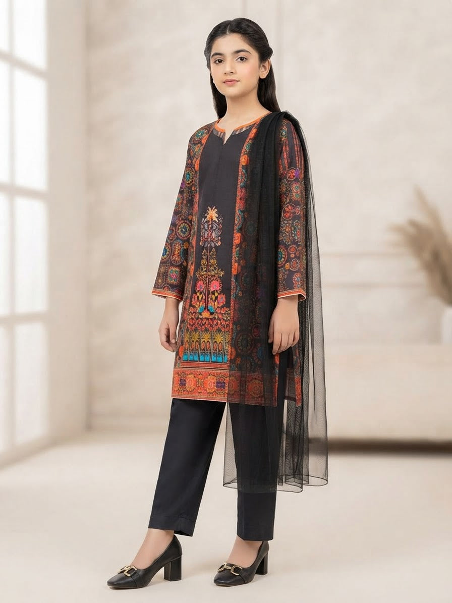 Girls Black Printed 3-Piece Ethnic Suit with Dupatta | Kidzaar