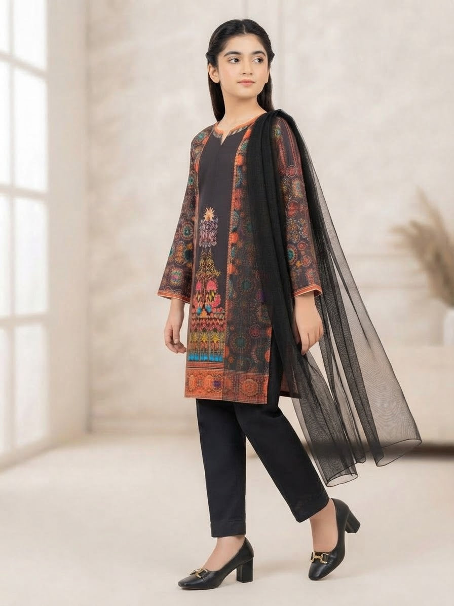 Girls Black Printed 3-Piece Ethnic Suit with Dupatta | Kidzaar