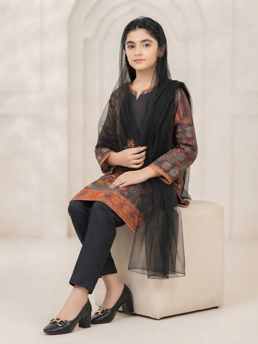 Girls Black Printed 3-Piece Ethnic Suit with Dupatta | Kidzaar