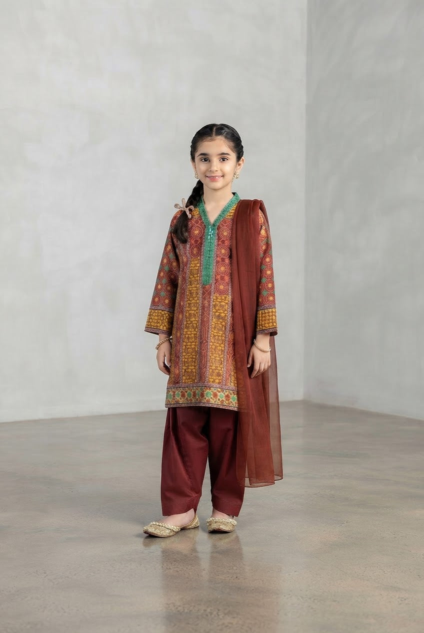 Girls Maroon Printed 3-Piece Ethnic Suit with Dupatta | Kidzaar
