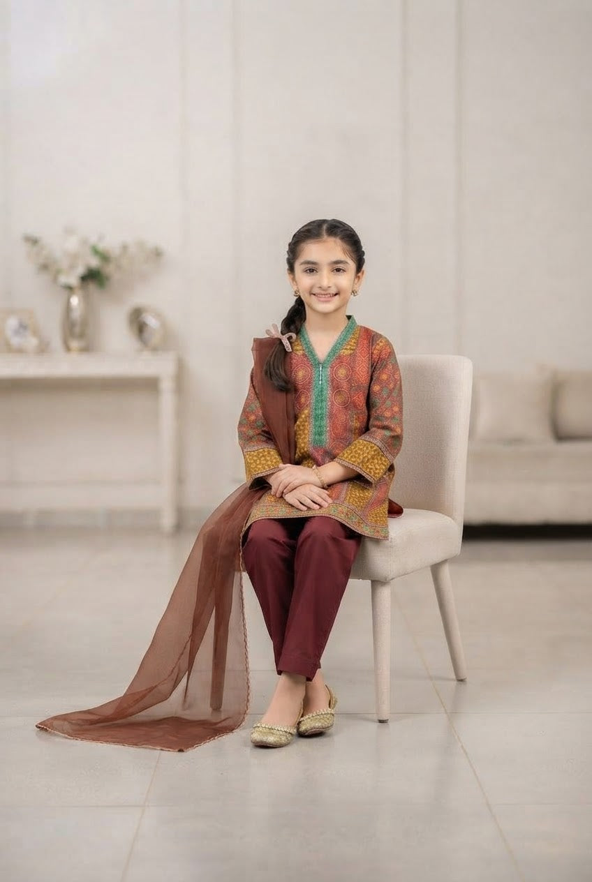 Girls Maroon Printed 3-Piece Ethnic Suit with Dupatta | Kidzaar