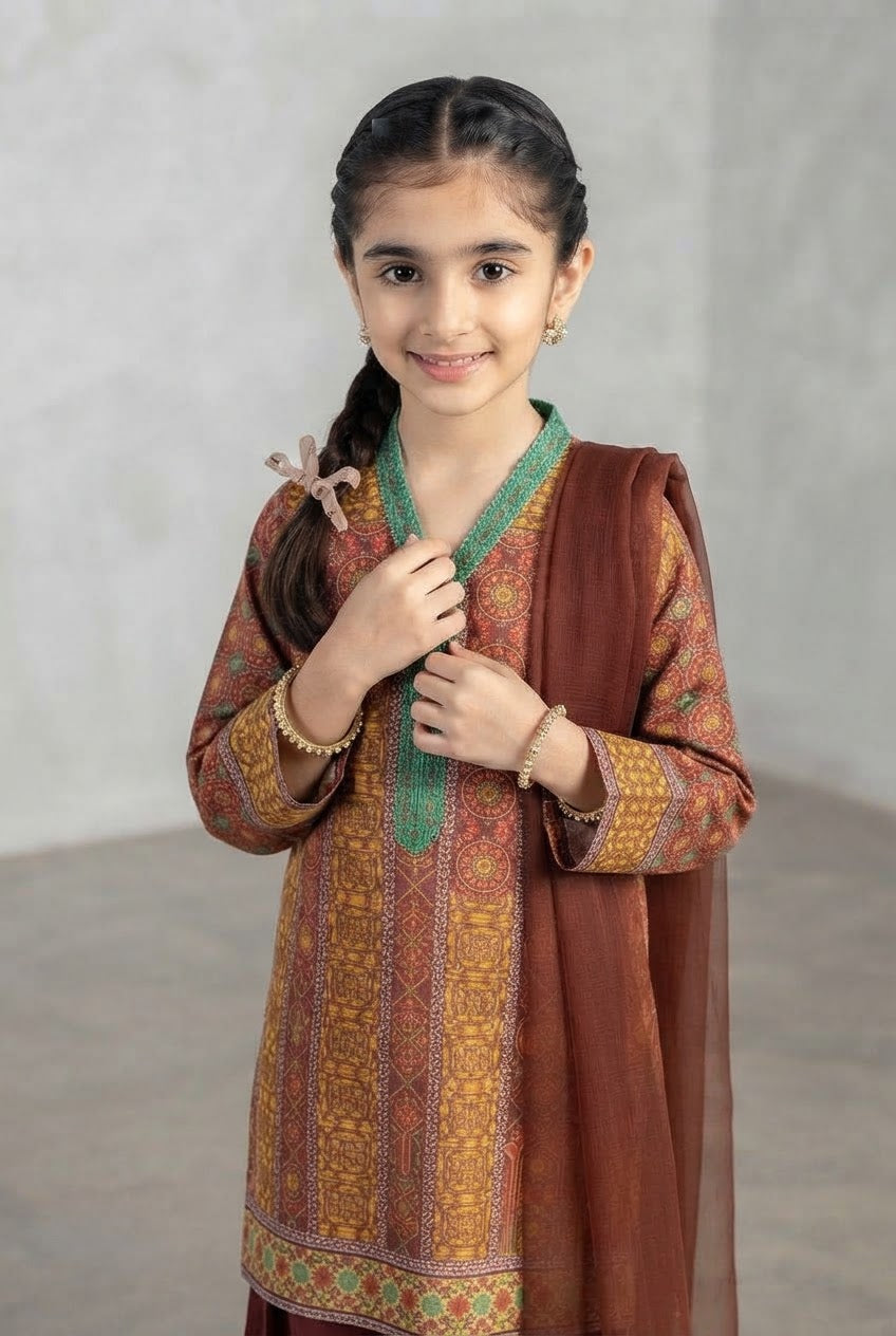 Girls Maroon Printed 3-Piece Ethnic Suit with Dupatta | Kidzaar