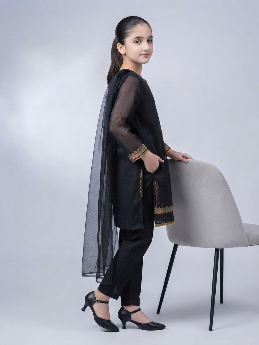 Girls Black 3-Piece Ethnic Suit with Organza Dupatta | Kidzaar