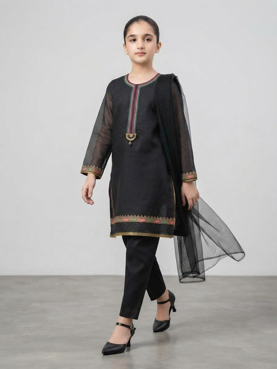 Girls Black 3-Piece Ethnic Suit with Organza Dupatta | Kidzaar