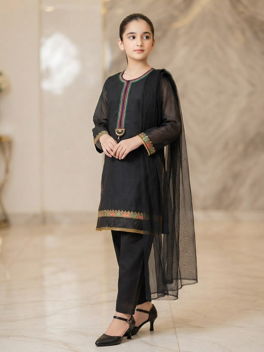 Girls Black 3-Piece Ethnic Suit with Organza Dupatta | Kidzaar