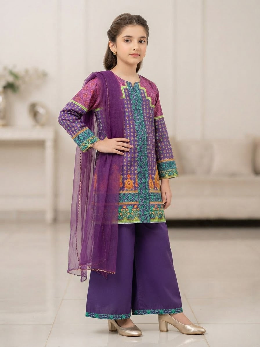 Girls Purple Printed 3-Piece Ethnic Suit with Dupatta | Kidzaar