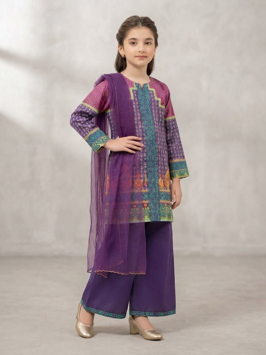 Girls Purple Printed 3-Piece Ethnic Suit with Dupatta | Kidzaar