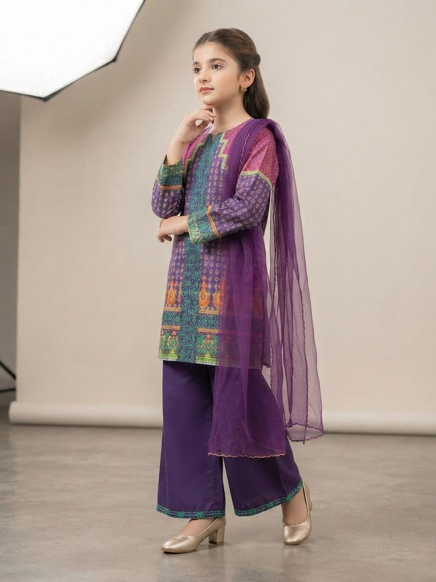 Girls Purple Printed 3-Piece Ethnic Suit with Dupatta | Kidzaar
