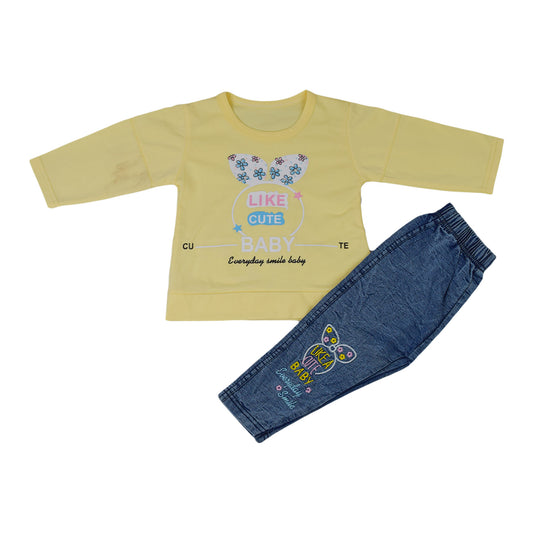 Girls Butterfly Printed & Embroidered Terry Jersey Suit – Yellow
