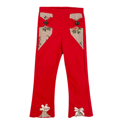 Girls Cotton Embroidered Trouser – Red & Pista