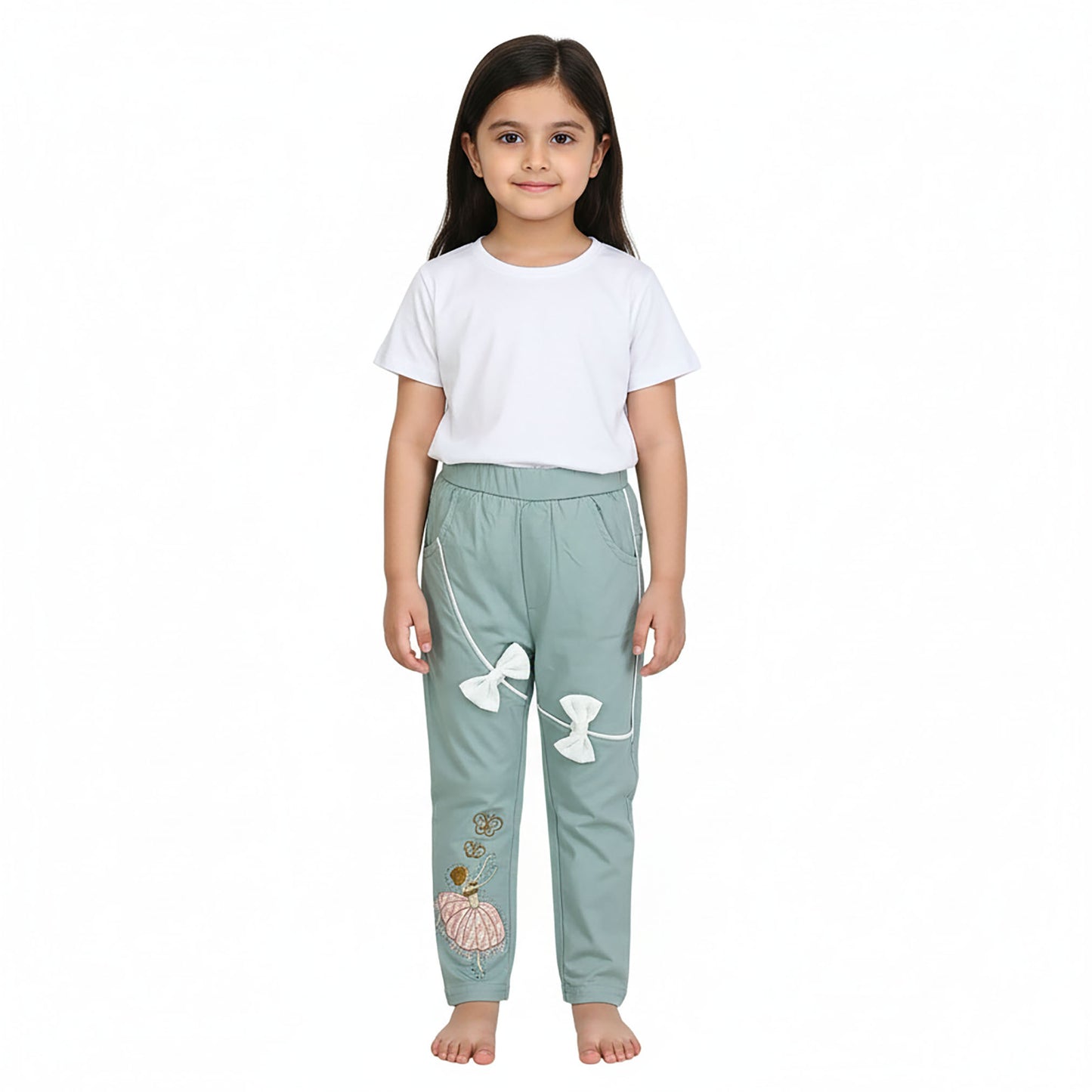 Girls Cotton Embroidered Trouser – Red & Pista