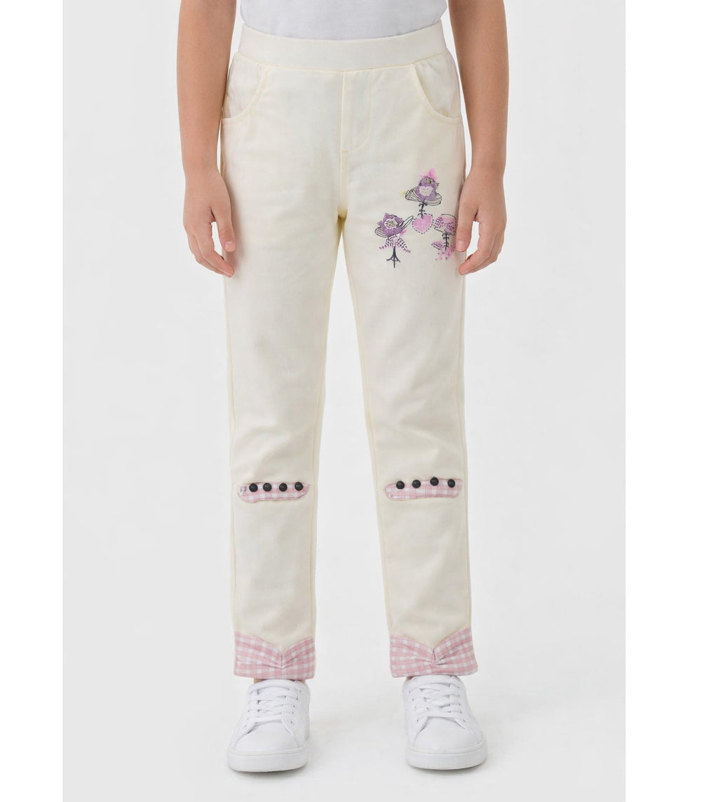 Girls Cream Trouser with Embroidered Floral Design