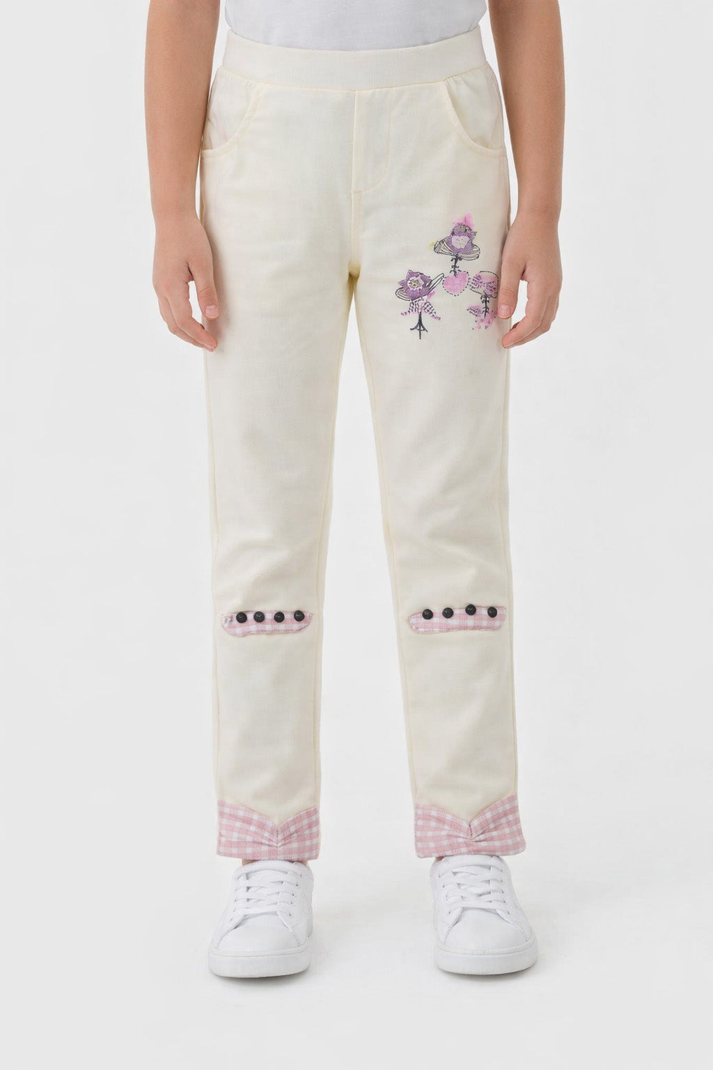 Girls Cream Trouser with Embroidered Floral Design
