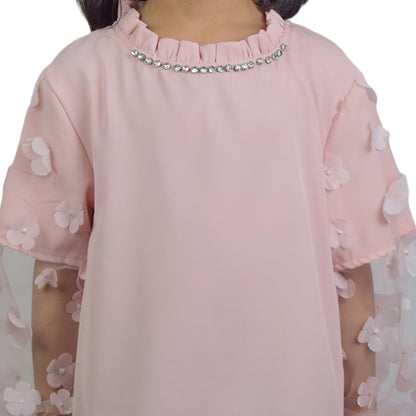 Girls Cream & Pink Floral Sleeve Top | Elegant Party Wear by Kidzaar