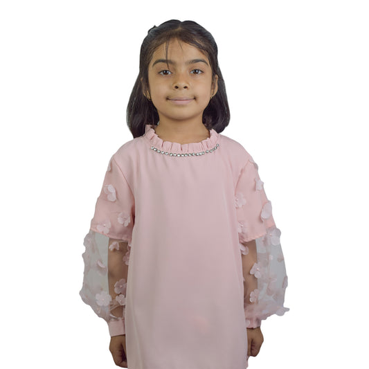 Girls Cream & Pink Floral Sleeve Top | Elegant Party Wear by Kidzaar