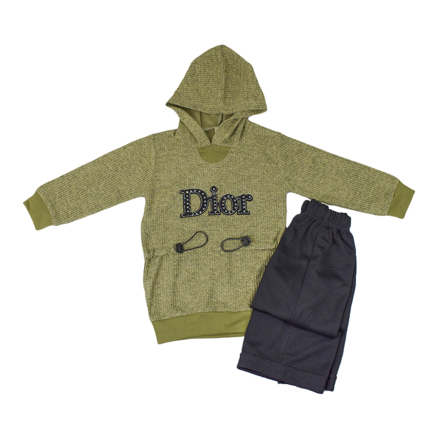 Girls Dior Sweater Set – Stylish Winter Outfit with Black Bottom in Grey & Green