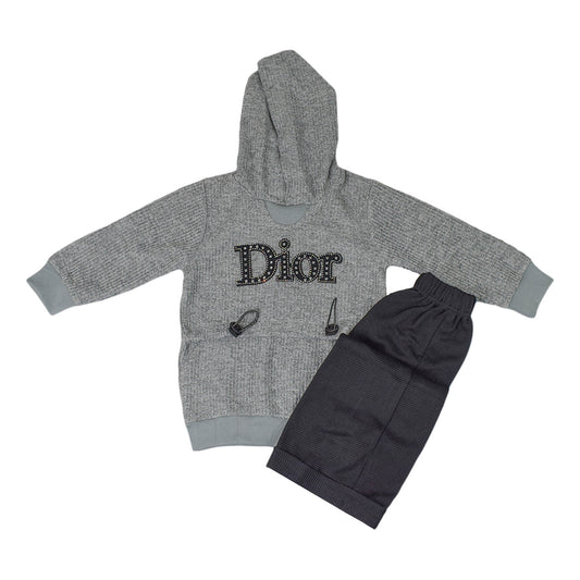 Girls Dior Sweater Set – Stylish Winter Outfit with Black Bottom in Grey & Green